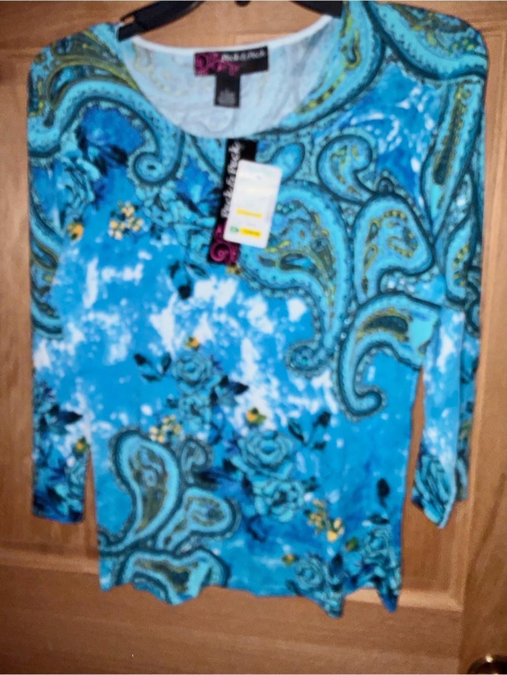 NWT Peck & Peck Turquoise Paisley beaded 3/4  Sleeve Top